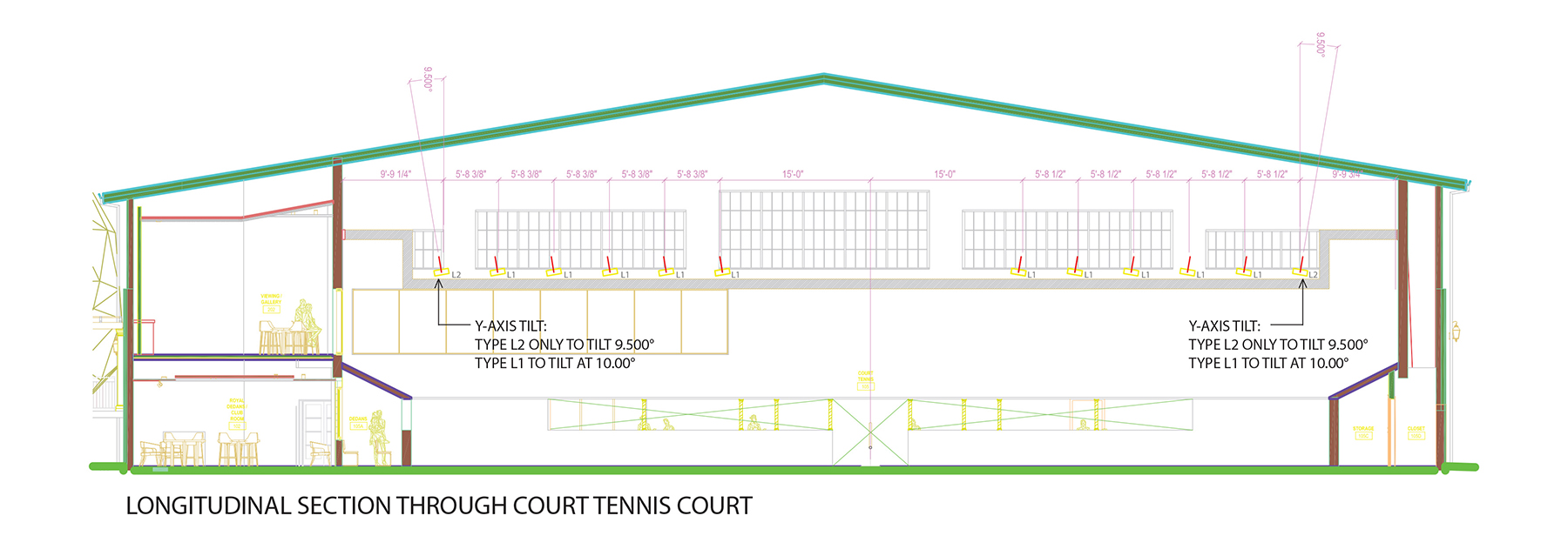 Longitudinal section through court tennis court
