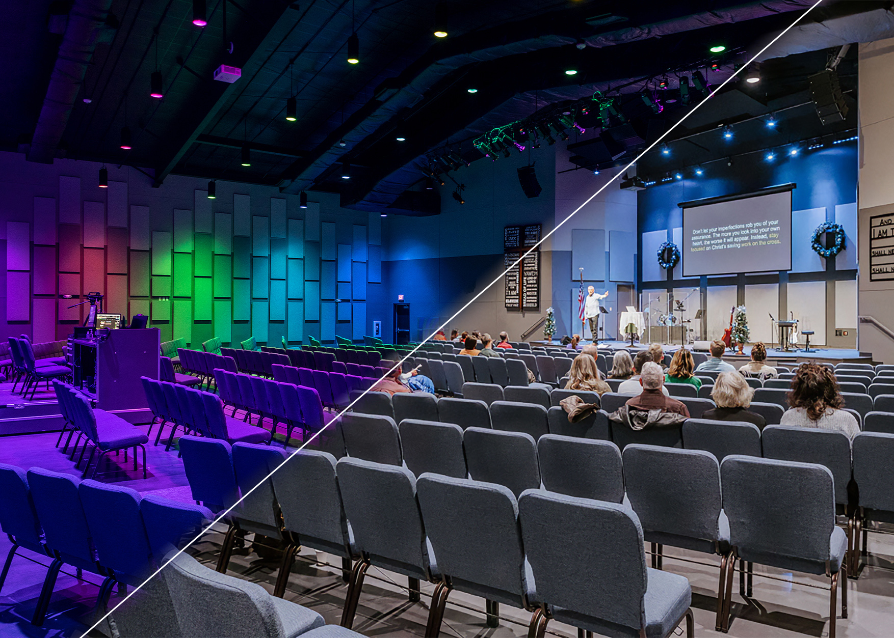 Manna Fellowship Church sanctuary illuminated with Archi-Color W+RGB house lighting