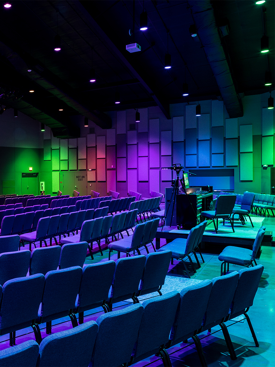 Manna Fellowship Church worship space with color-changing architectural lighting
