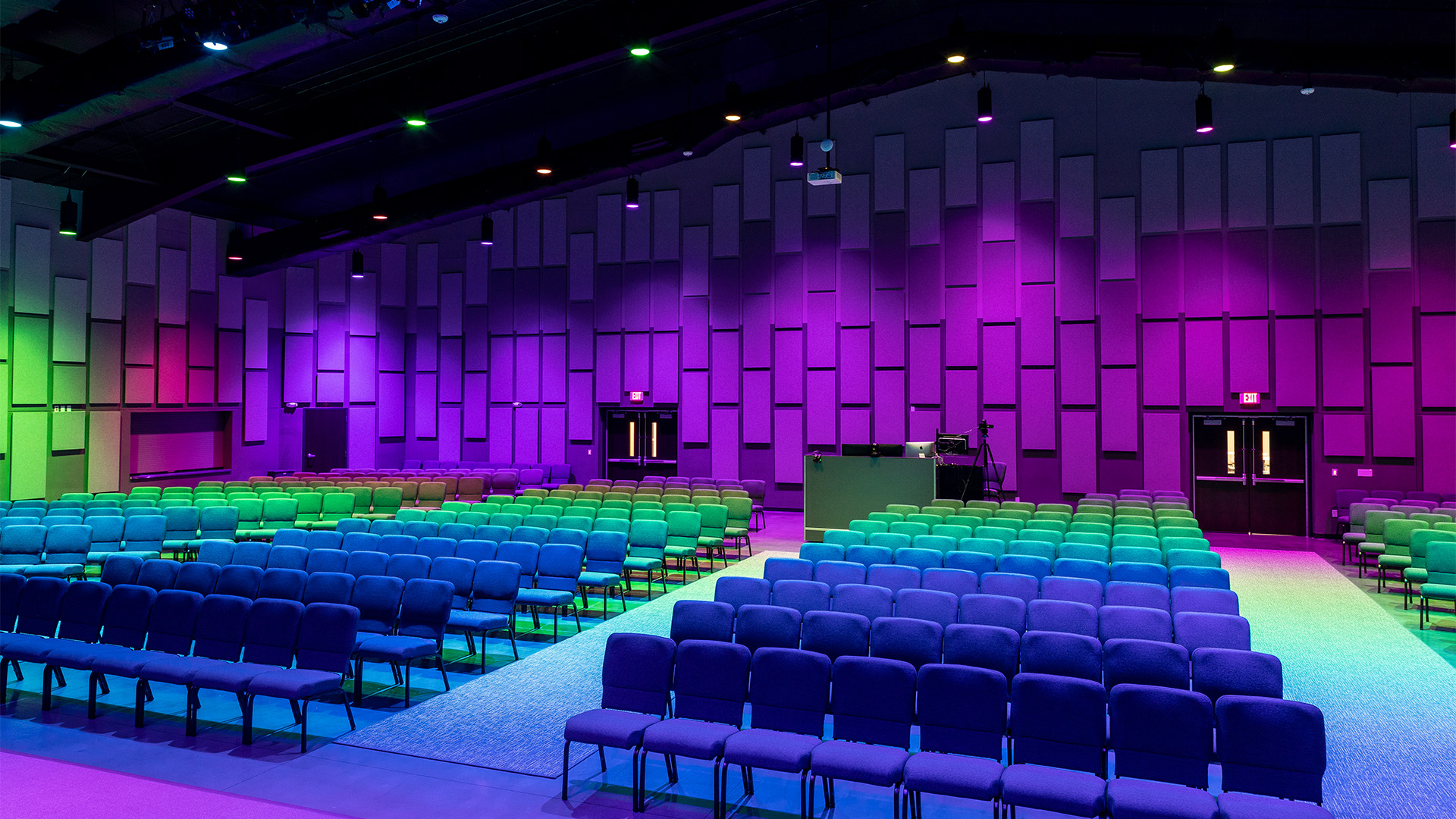 Wide view of Manna Fellowship Church sanctuary with flexible worship lighting