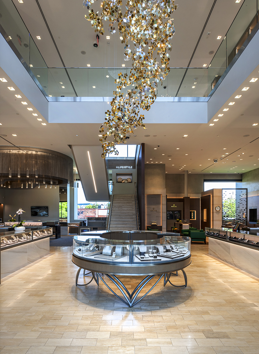 BC Clark Jewelers interior with woven ceiling feature and pendant lighting