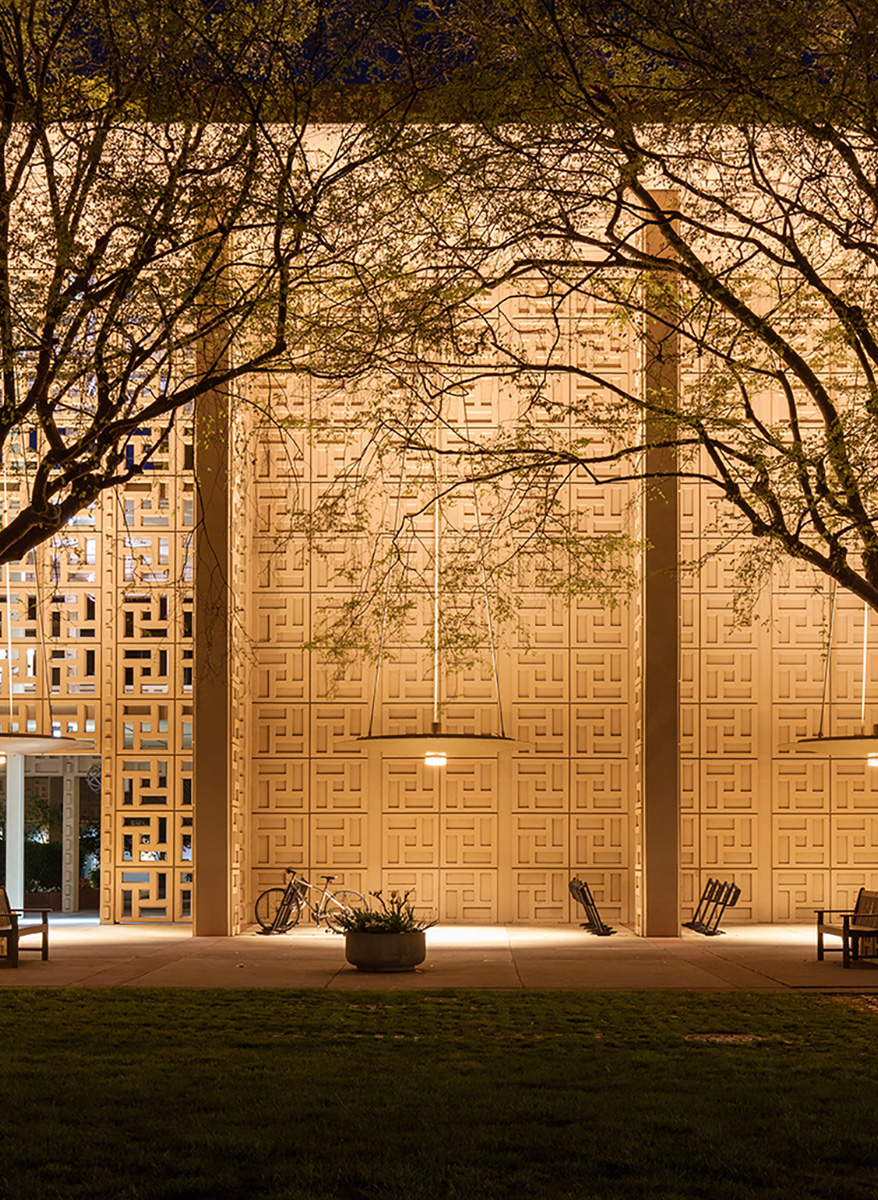 Stanford Medicine facade exterior at night