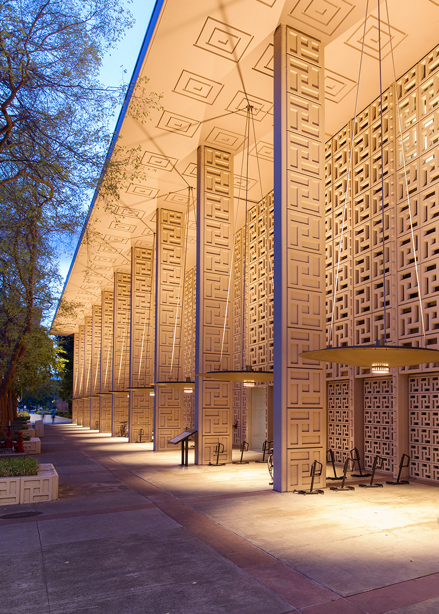 Stanford Medicine illuminated colonnade walkway