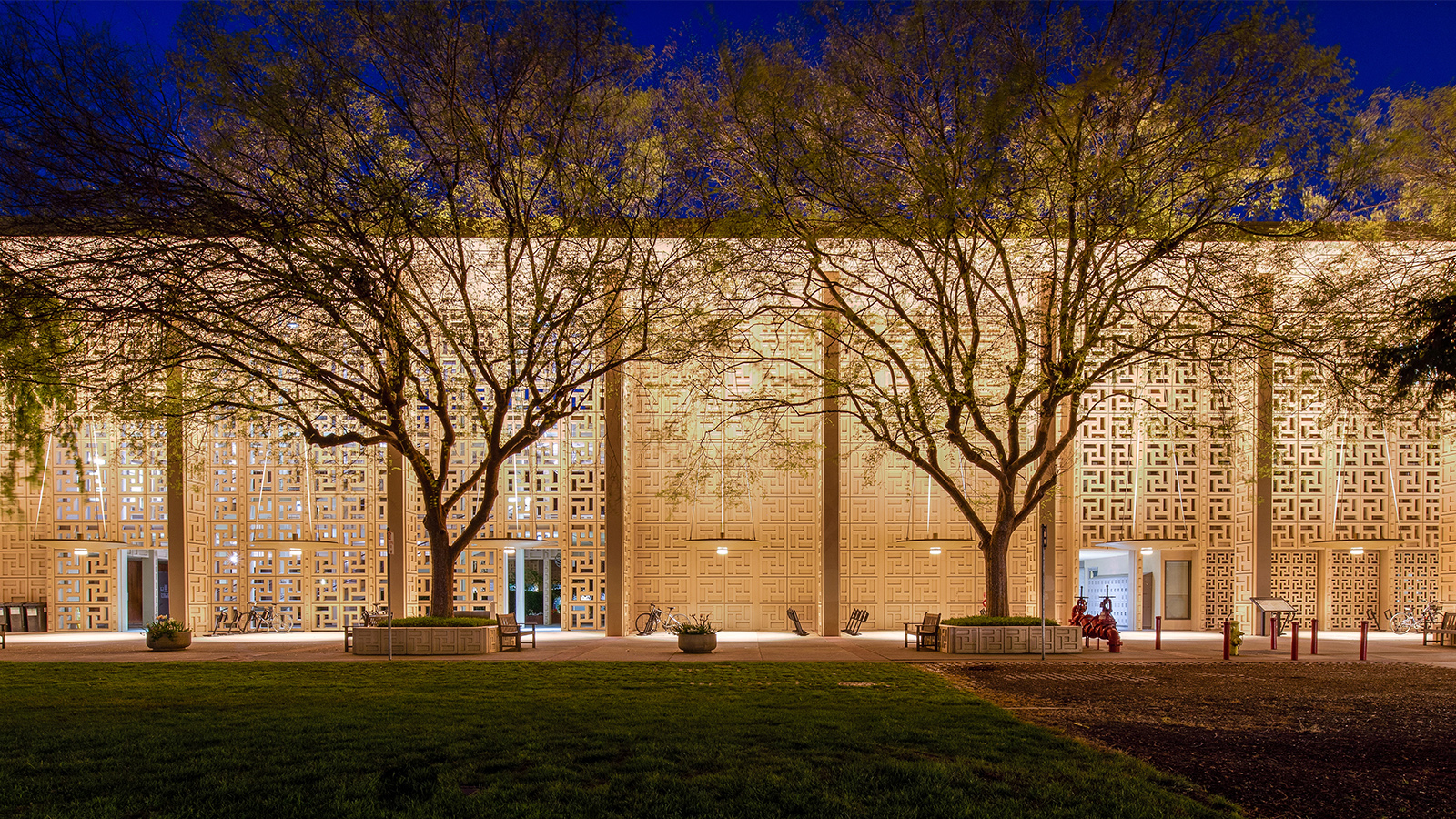 Stanford Medicine facade lighting at night