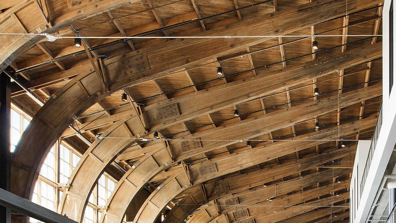 Google Spruce Goose hangar interior showing custom-finish luminaires and exposed timber structure