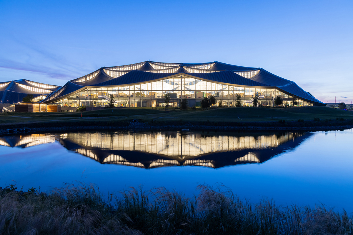 Google Bayview campus exterior at dusk