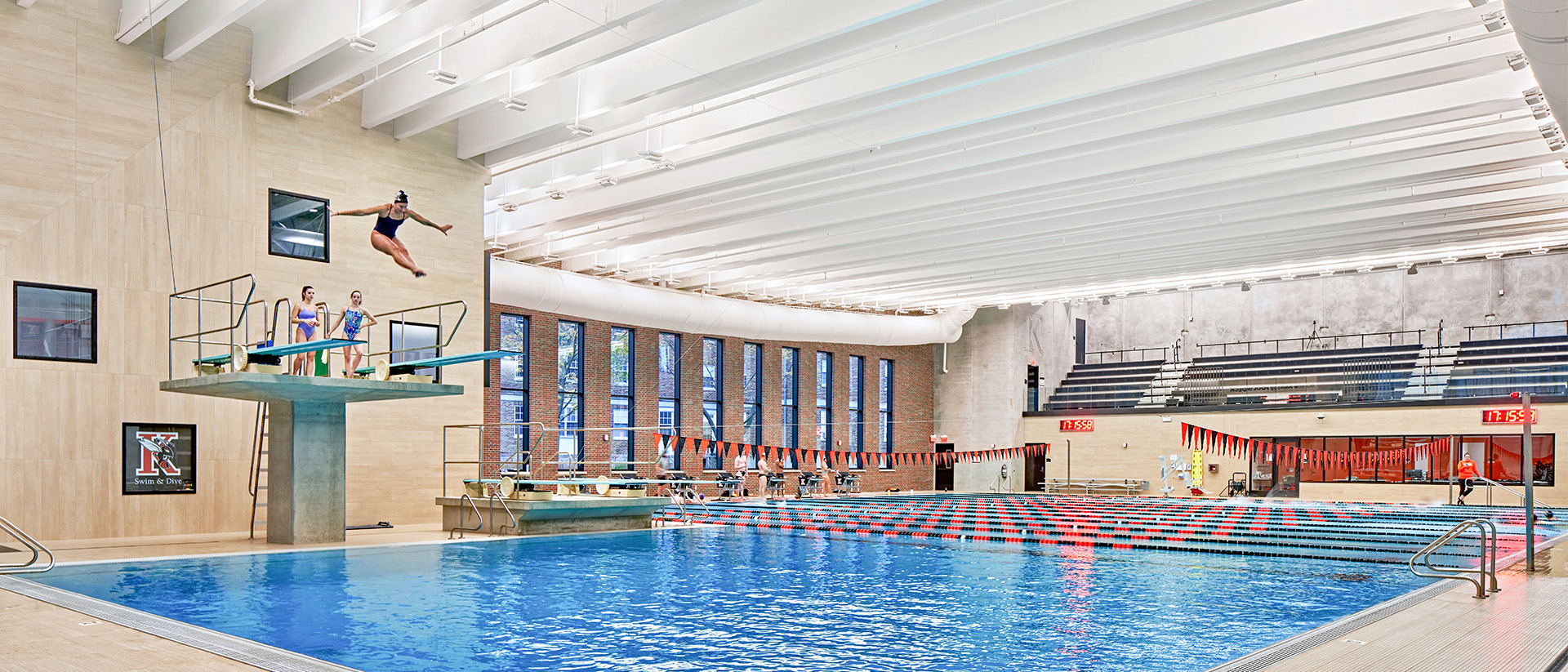 Wide view of the Kalamazoo College natatorium pool and indirect lighting